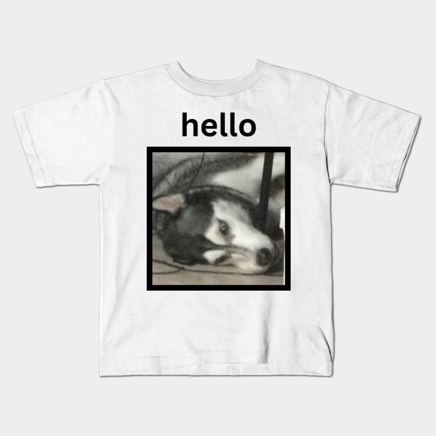 Crazy Funny Husky Dog Lying Down Hello Caption Kids T-Shirt by efgio